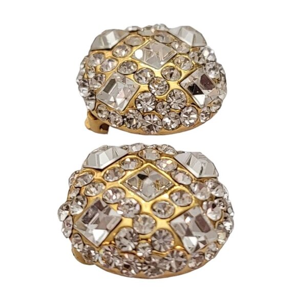 Jarin Gold Tone Round Clear Rhinestone Clip-On Earrings, Signed E971 - Picture 4 of 8